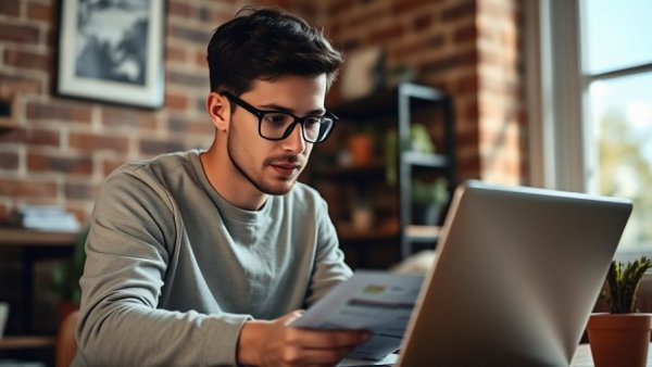 Focused young buyer exploring overbuying vs underbuying concepts on laptop.