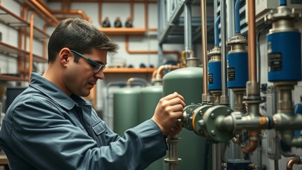 Technician maintaining whole-house water filter, highlighting filter cost.