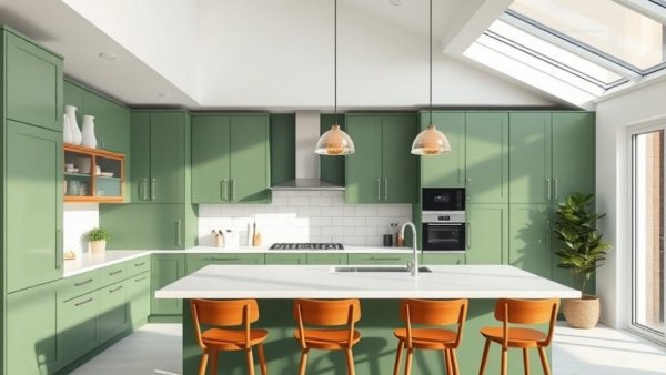 Modern kitchen with green cabinets and skylight, showcasing natural light.