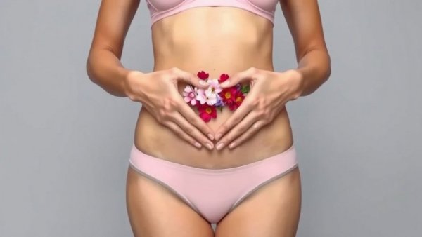 Conceptual image of pelvic area health with flowers and heart gesture.