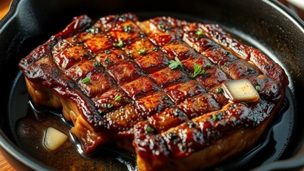Restaurant-style cast iron steak recipe with herbs and garlic.