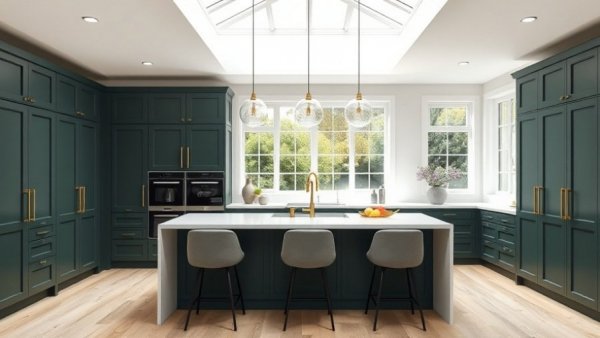 Modern kitchen with green cabinets, white island, skylight.