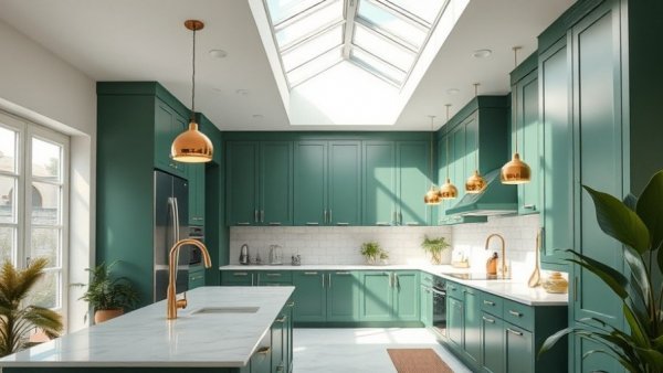 Modern kitchen design with green cabinets and skylight, how to tell if a wall is load bearing.