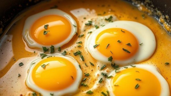 Golden fried eggs with herbs in a rich, creamy sauce.