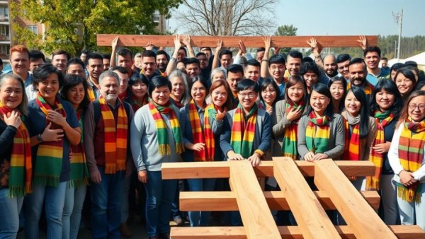 Community teamwork opening doors for homeowners, vibrant event.