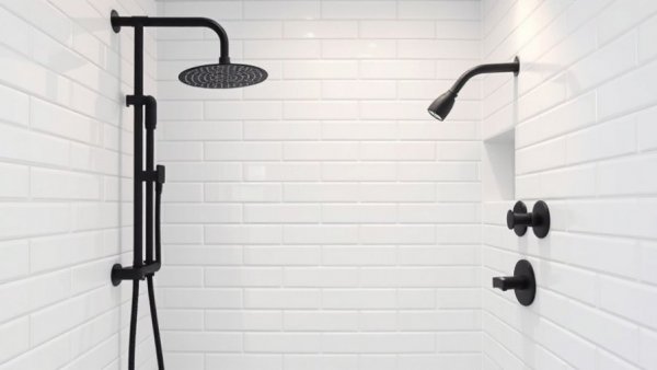 Modern dream shower with white tiles and black fixtures.