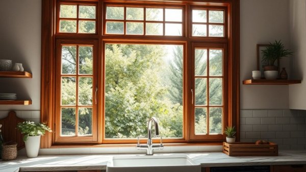 Window transformations with wooden-framed kitchen window overlooking greenery.