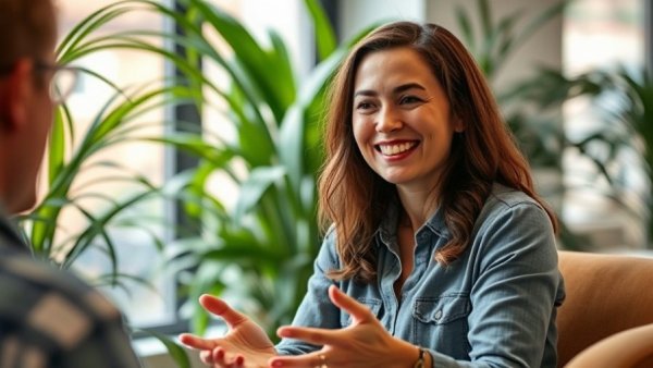 Woman sharing Mad City contractor experiences, vibrant indoor setting.