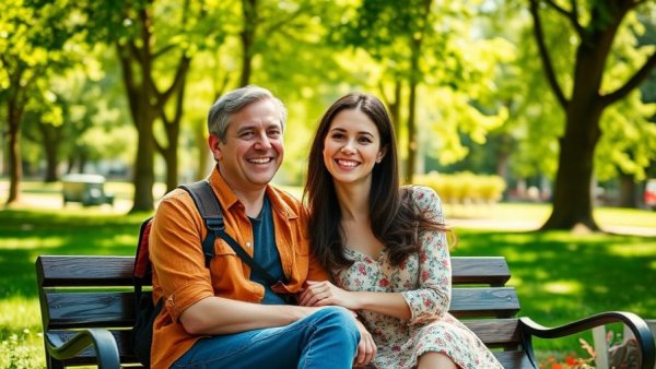 Two people smiling outdoors, bright green background, natural light.
