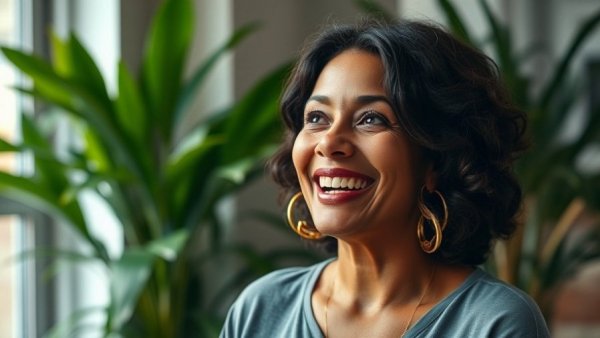 Cheerful woman sharing Mad City Bath testimonial in a bright, lush room