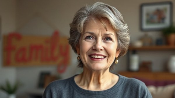 Middle-aged woman smiling during a shower conversion testimonial.