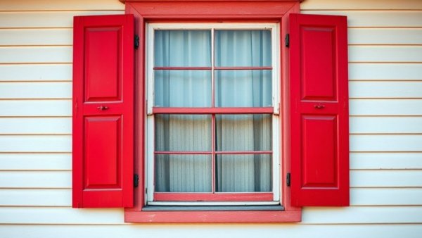 Colorful window with red shutters, suggesting window replacement.
