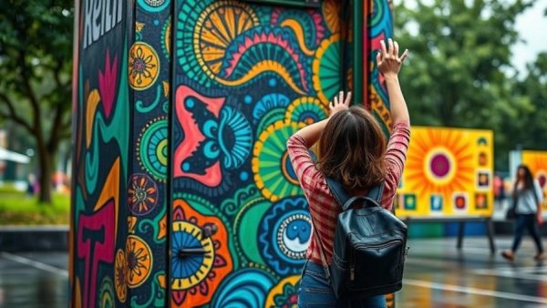 Artistic Habitat for Humanity NYC door in colorful outdoor exhibit.