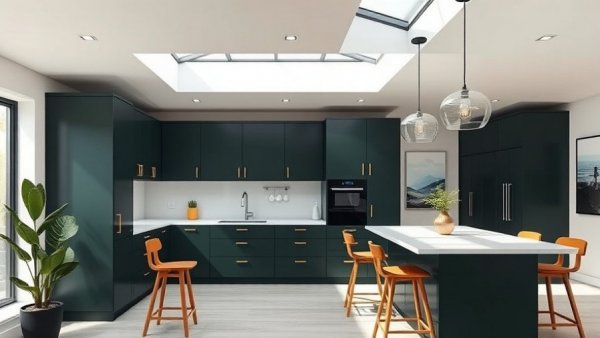 Modern kitchen with green cabinets and skylight lighting.