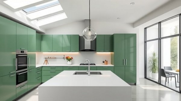 Modern kitchen with green cabinets and pendant lights.