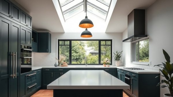 Modern kitchen with dark green cabinets and skylight lighting.