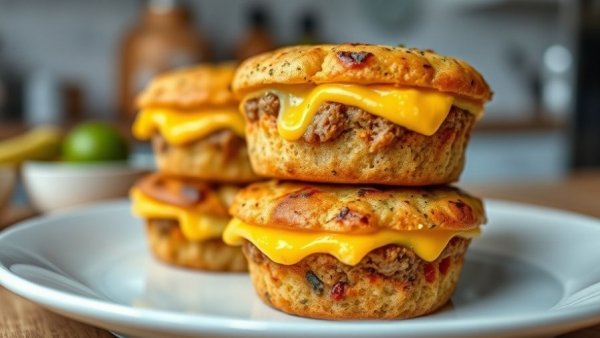 Stacked high-protein breakfast stuffed muffins with sausage and cheese.