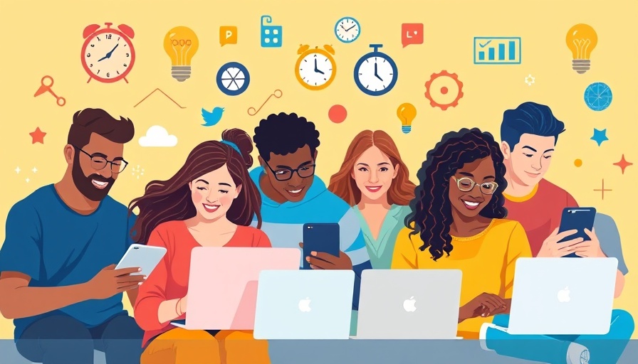 Illustration of technology users and symbols, vibrant and dynamic.