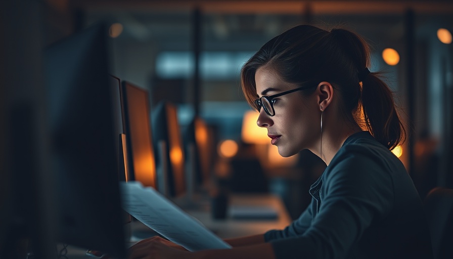 Focused woman analyzing documents in a dimly lit office.
