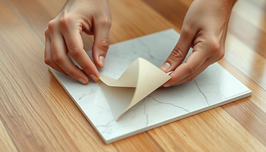 Hands peeling adhesive from a peel and stick tile on a wooden floor.