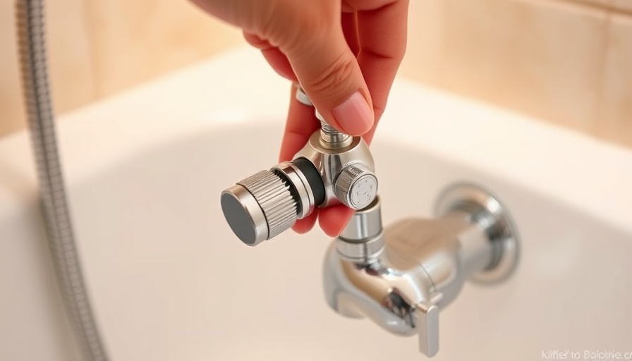 Close-up of hand with shower diverter parts, repair in bathtub.