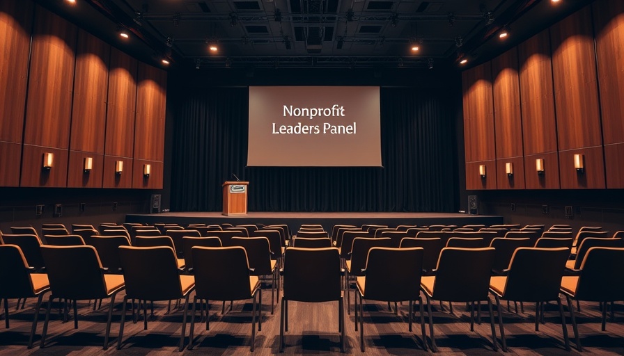 Nonprofit business agility panel stage setup with empty seats and podium.