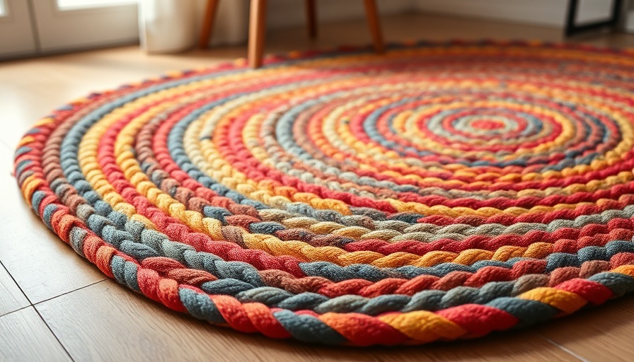 Colorful braided rug on wooden floor, partial view.