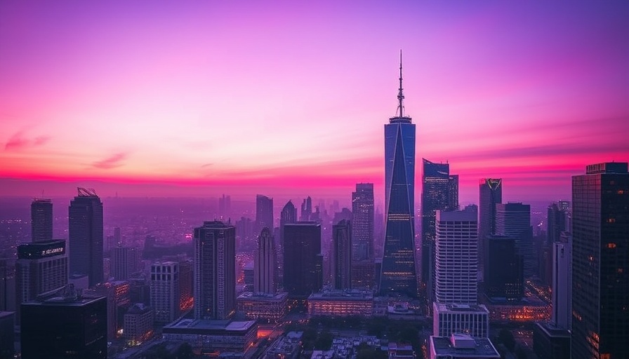 City skyline with branding overlay at dusk.