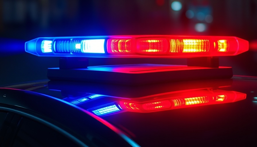 Flashing red and blue police lights, news broadcast setting.