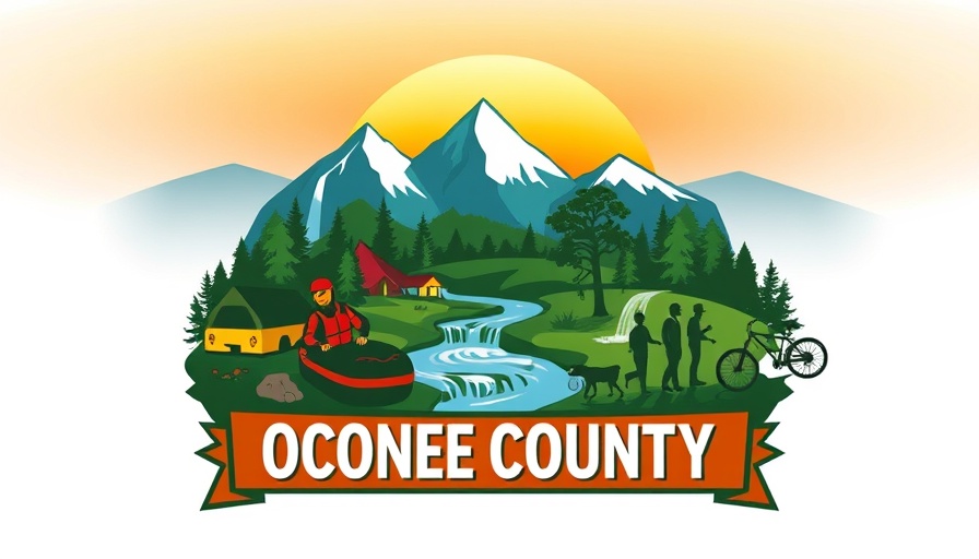 Oconee County apple harvest adventure emblem with nature scenes.