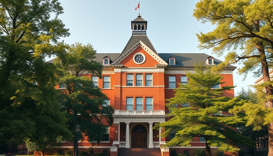 Majestic educational building with lush greenery and classic architecture.