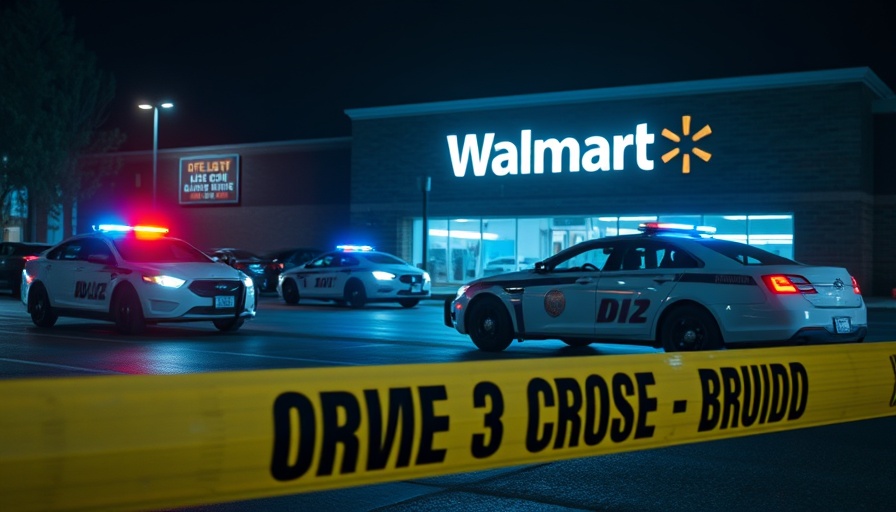 Police cars with flashing lights outside Spartanburg Walmart, crime scene tape visible.