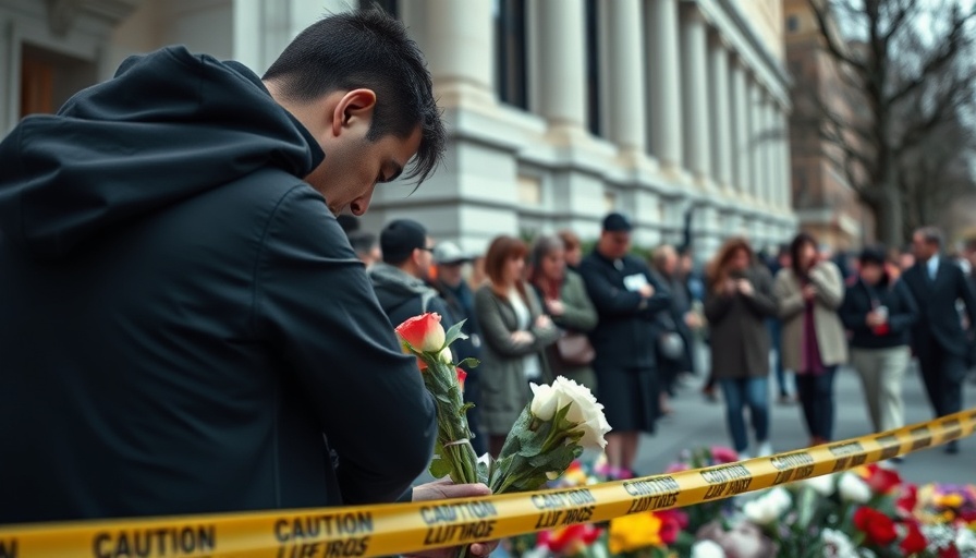 Memorial with photo, flowers, and people at a news-covered scene.