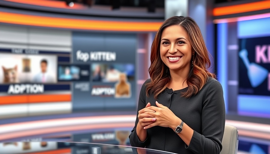 Woman discussing adopt a kitten affordable in news studio.