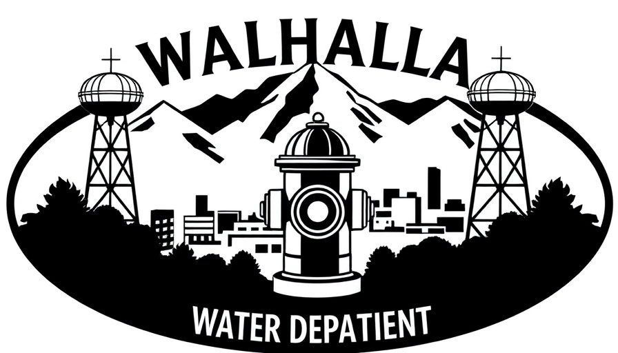 Walhalla Water Department logo with water towers and mountains