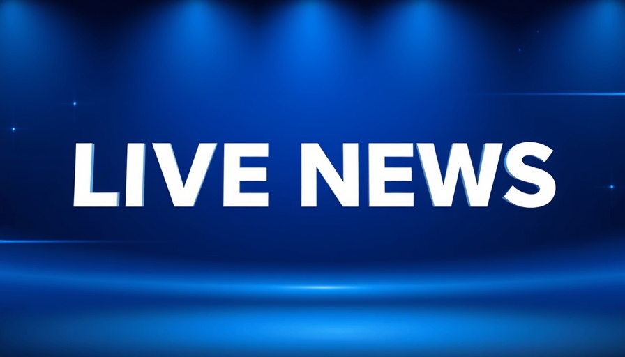 Bold live news broadcast graphic on deep blue background.