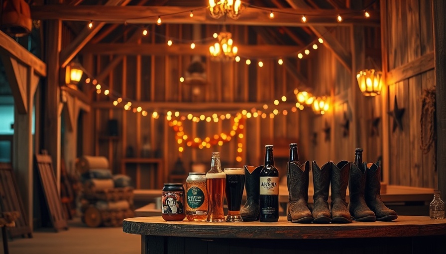 Barns Boots Brew Silent Auction setup inside rustic barn, warm lighting.