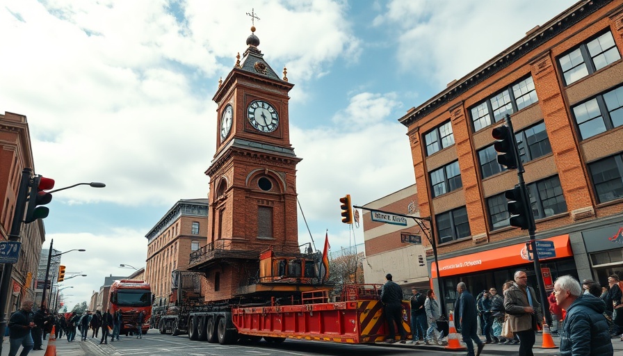 Spartanburg clock tower relocation in progress with spectators.