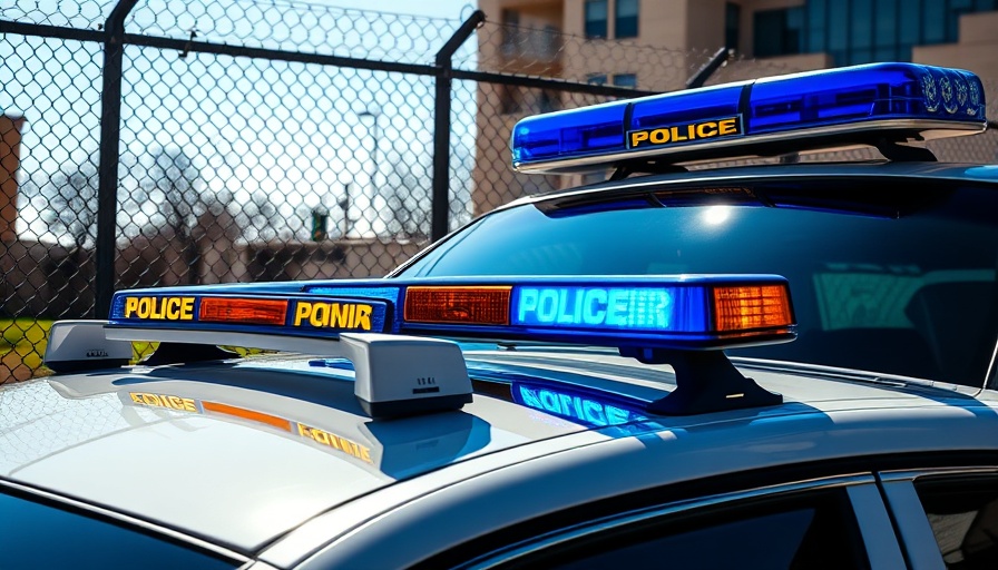 Police car with lights near chain-link fence, clear sky.