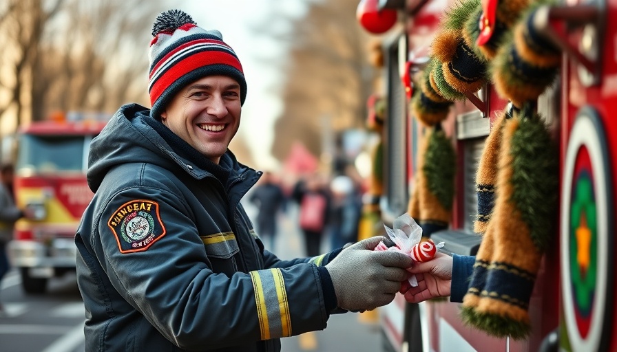 Firefighter handing out candy at a parade from a fire truck.