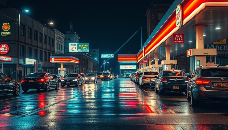 Gas station bustling at night with cars and neon lighting, Liberty.