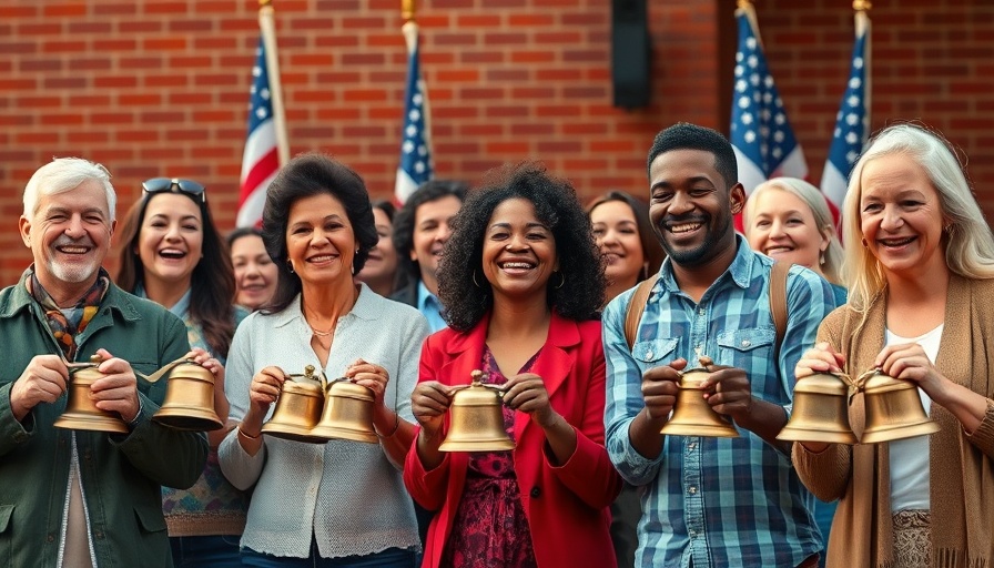 Joyous group ringing bells in a patriotic celebration, Let Freedom Ring.