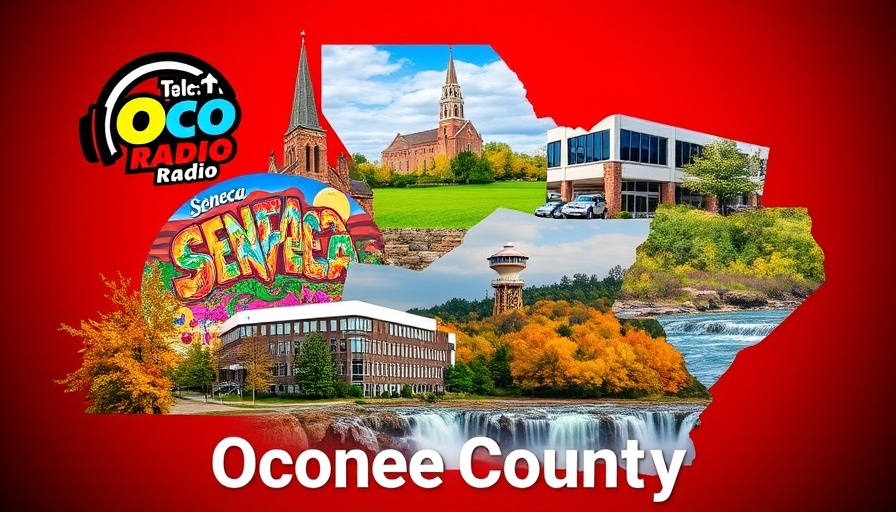 Upper Oconee emergency calls collage with landmarks and radio logo.
