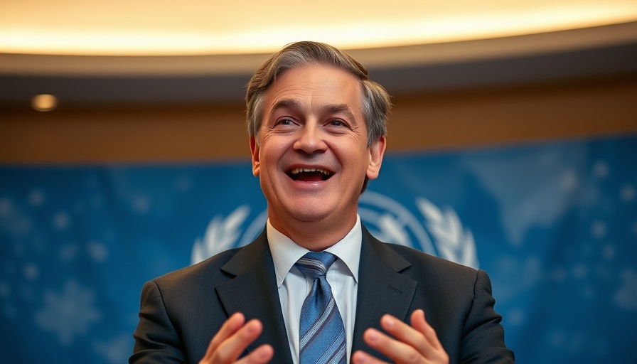 Middle-aged man in suit speaking at United Nations backdrop