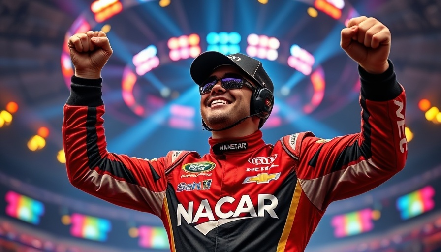 Christopher Bell celebrating at NASCAR playoffs on a vibrant stage.