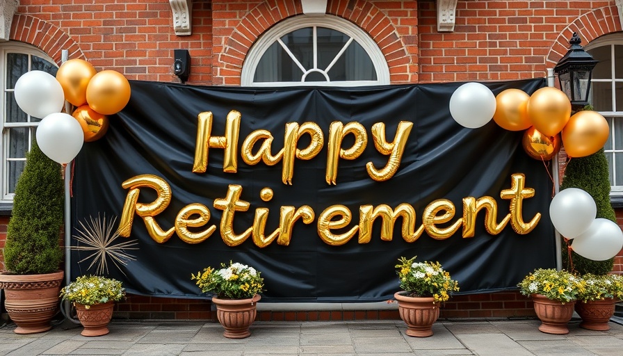 Retirement celebration banner on brick building exterior with balloons.