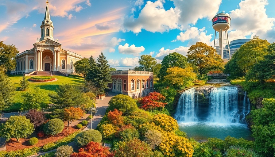 Collage of South Carolina landmarks including church and waterfall.
