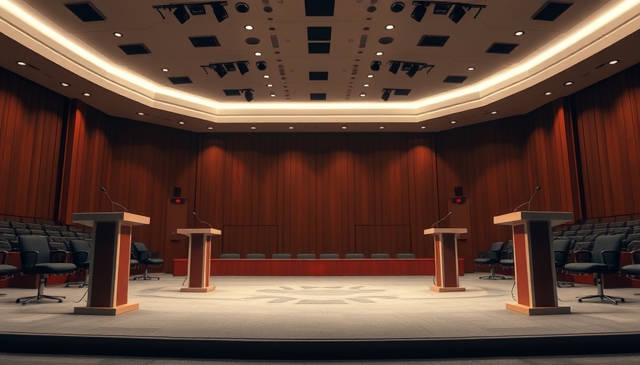 Empty stage with podiums at political forum, no candidates present.