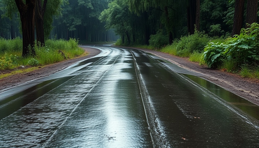 Inclement weather preparedness scene with a flooded rural road.