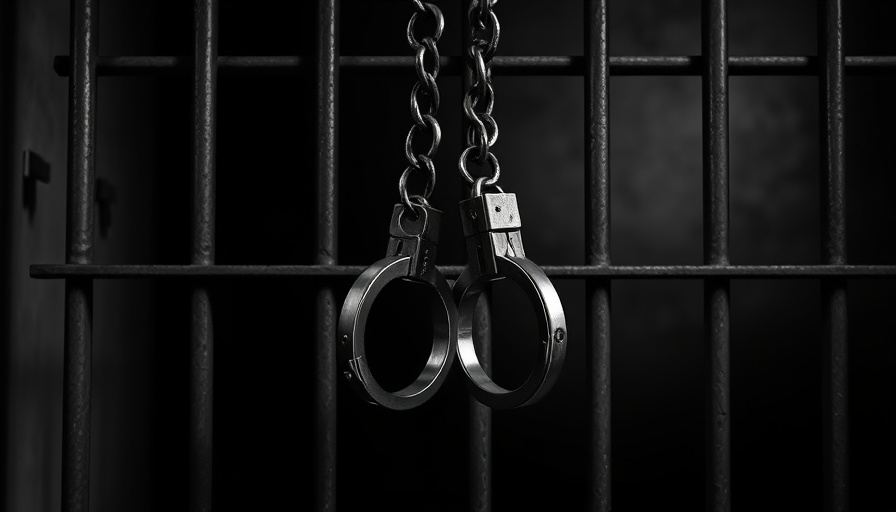 Handcuffs hanging in front of prison bars symbolizing arrest related to school employee charges.